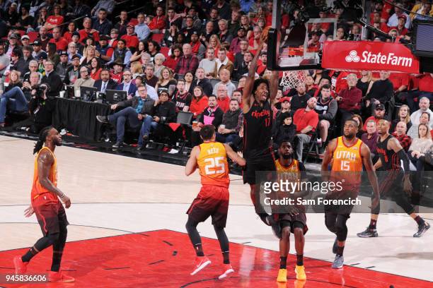 Ed Davis of the Portland Trail Blazers dunks the ball during the game against the Utah Jazz on April 11, 2018 at the Moda Center Arena in Portland,...