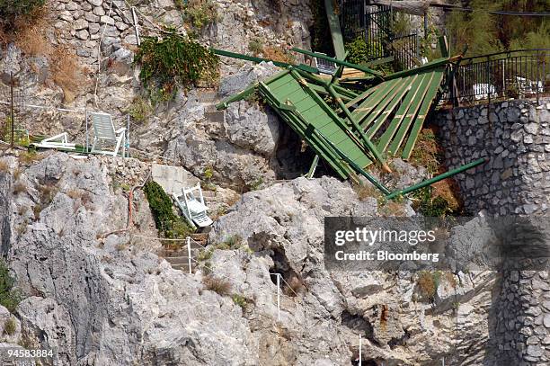 Wooden terrace at Conca dei Marini, on the Amalfi coast, which collapsed on August 18 killing one and injuring 8, is pointed out by Captain...