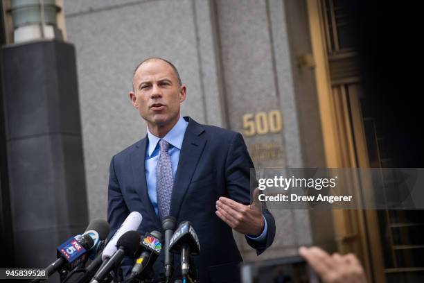 Michael Avenatti, attorney for Stormy Daniels, speaks to reporters following a court proceeding regarding the search warrants served on President...