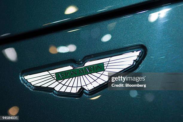 The Aston Martin logo seen on a Vanquish S on the second day of the media preview for the Geneva International Motor Show at the Palexpo conference...