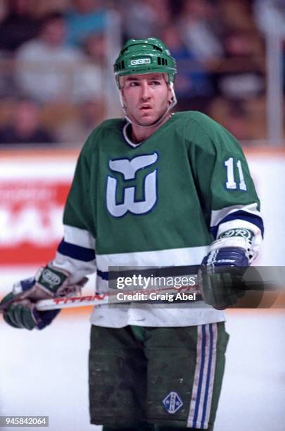 Kevin Dineen of the Hartford Whalers skates against the Toronto Maple Leafs during NHL game action on January 16, 1989 at Maple Leaf Gardens in...
