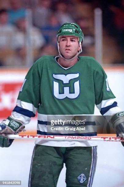 Kevin Dineen of the Hartford Whalers skates against the Toronto Maple Leafs during NHL game action on January 16, 1989 at Maple Leaf Gardens in...
