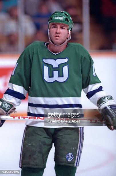 Kevin Dineen of the Hartford Whalers skates against the Toronto Maple Leafs during NHL game action on January 16, 1989 at Maple Leaf Gardens in...