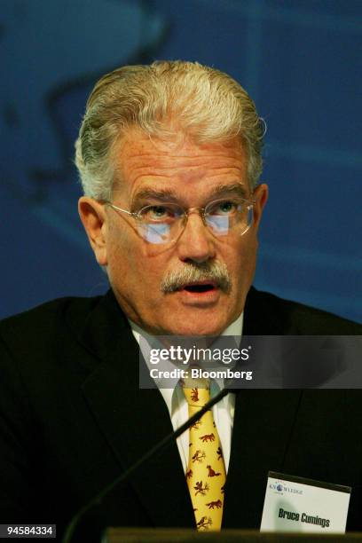 Bruce Cummings, a professor of Chicago University, addresses delegates at the World Knowledge Forum 2007 in Seoul, South Korea, on Thursday, Oct. 18,...