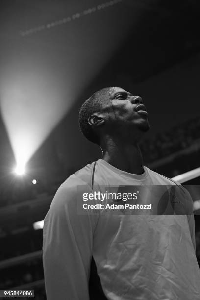 Andre Ingram of the Los Angeles Lakers stands on the court for the National Anthem before the game against the LA Clippers on April 11, 2018 at...