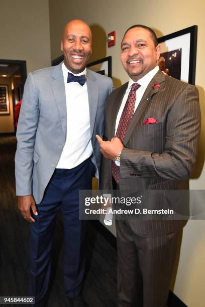 Bruce Bowen and Mark Jackson before the game between the New Orleans Pelicans and the LA Clippers on April 9, 2018 at STAPLES Center in Los Angeles,...