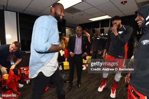 DeMarcus Cousins and Anthony Davis of the New Orleans Pelicans after the game against the LA Clippers on April 9, 2018 at STAPLES Center in Los...