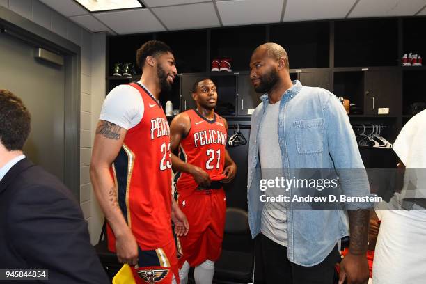 Anthony Davis and DeMarcus Cousins of the New Orleans Pelicans after the game against the LA Clippers on April 9, 2018 at STAPLES Center in Los...