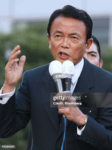 Taro Aso, secretary general of the Liberal Democratic Party , delivers a speech during an election campaign for the leader of the LDP in Tokyo,...