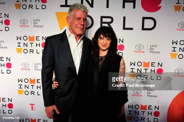 Anthony Bourdain and Asia Argento attend the 2018 Women In The World Summit at David H. Koch Theater, Lincoln Center on April 12, 2018 in New York...