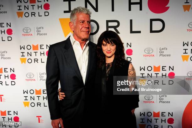 Anthony Bourdain and Asia Argento attend the 2018 Women In The World Summit at David H. Koch Theater, Lincoln Center on April 12, 2018 in New York...