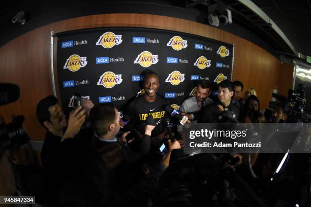 Andre Ingram of the Los Angeles Lakers speaks to the media before his first game with the Los Angeles Lakers against the LA Clippers on April 11,...