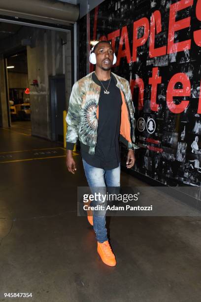 Kentavious Caldwell-Pope of the Los Angeles Lakers arrives at the stadium before the game against the LA Clippers on April 11, 2018 at STAPLES Center...