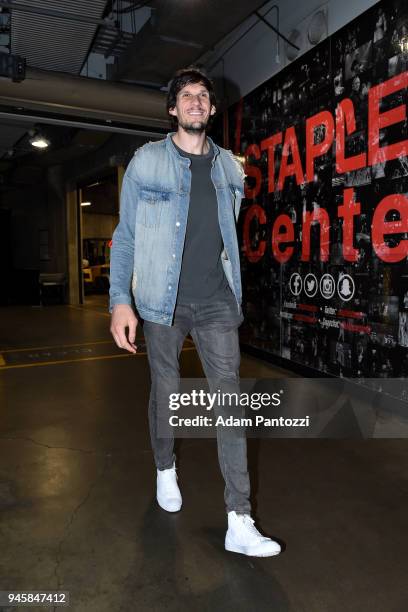 Boban Marjanovic of the LA Clippers arrives at the stadium before the game against the Los Angeles Lakers on April 11, 2018 at STAPLES Center in Los...