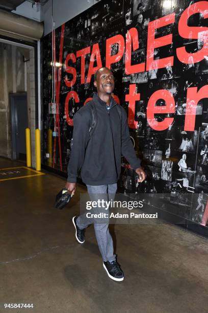 Andre Ingram of the Los Angeles Lakers arrives at the before the game against the LA Clippers on April 11, 2018 at STAPLES Center in Los Angeles,...