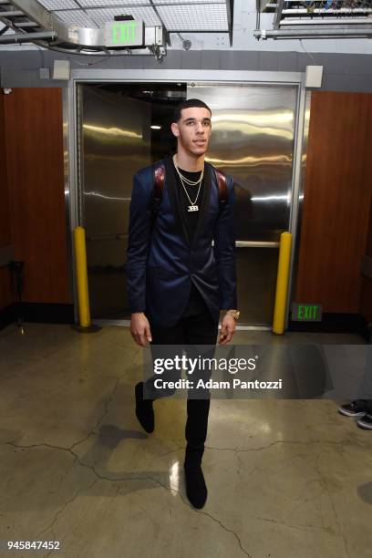 Lonzo Ball of the Los Angeles Lakers arrives at the stadium before the game against the LA Clippers on April 11, 2018 at STAPLES Center in Los...