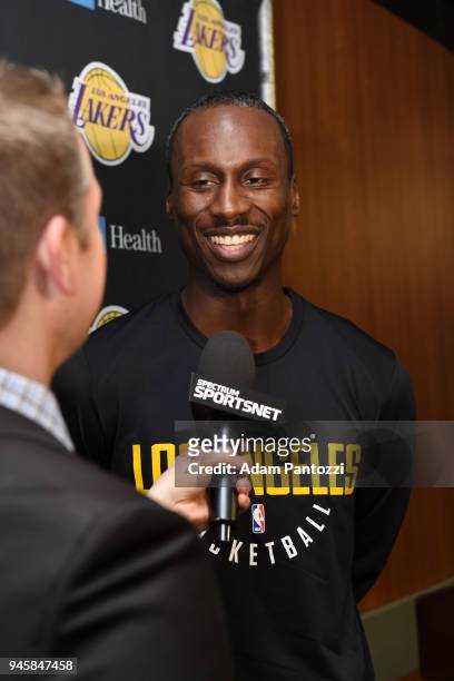 Andre Ingram of the Los Angeles Lakers speaks with the media before his first game with the Log Angeles Lakers playing against the LA Clippers on...