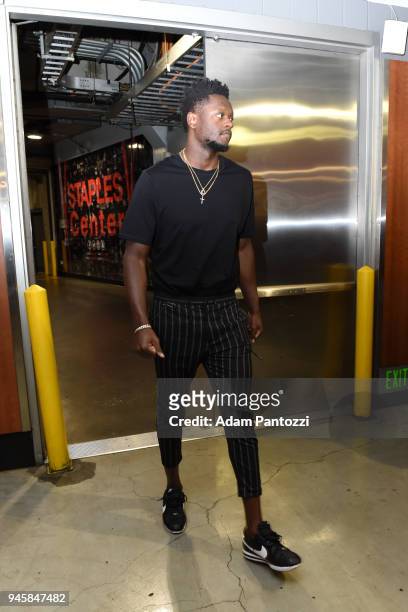 Julius Randle of the Los Angeles Lakers arrives at the stadium before the game against the LA Clippers on April 11, 2018 at STAPLES Center in Los...