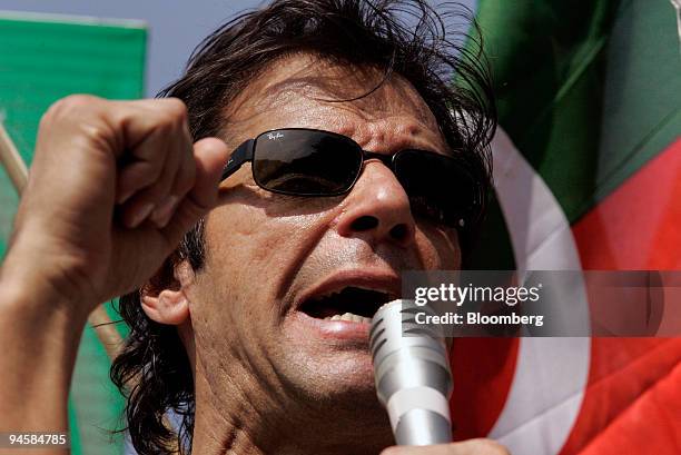 Imran Khan, leader of Tehriq-e-Insaaf political party, speaks to supporters outside the Supreme Court in Islamabad, Pakistan, on Wednesday, Oct.17,...