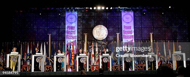 Presidential candidates, Hillary Clinton, left to right, John Edwards, Dennis Kucinich, Maurice Gravel, Bill Richardson, Barack Obama, Christopher...