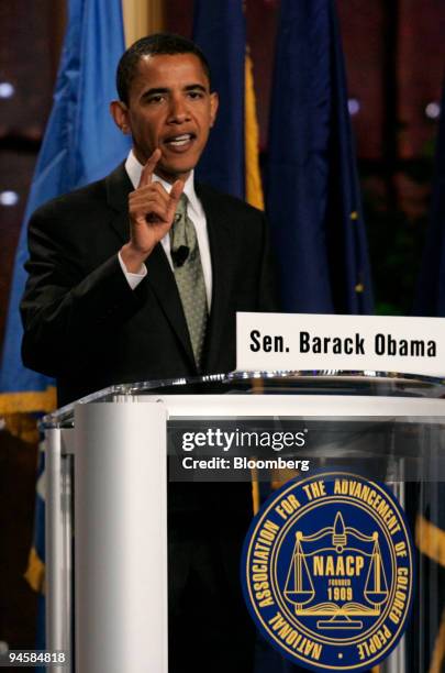 Barack Obama, Democratic Presidential candidate and Illinois Senator, speaks at the NAACP annual convention at the Cobo Center in Detroit, Michigan,...