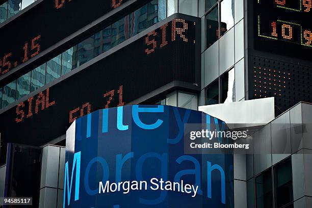 Market data zips along electronic ticker displays above Morgan Stanley headquarters located at 1585 Broadway in New York, U.S., on Wednesday, Oct....