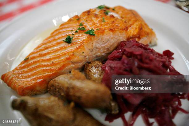 King salmon, braised red cabbage, roasted fingerling potatoes with a whole grain mustard sauce is arranged at the Grand Central Oyster Bar &...