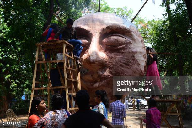 Student of Faculty of Fine arts of Dhaka University painting masks for colorful preparation to celebrate upcoming Bengali New Year 1425 in Dhaka,...