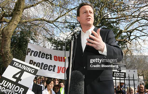 David Cameron, the U.K. Conservative Party leader, speaks at a doctors protest against the National Health Service's recruitment process for...