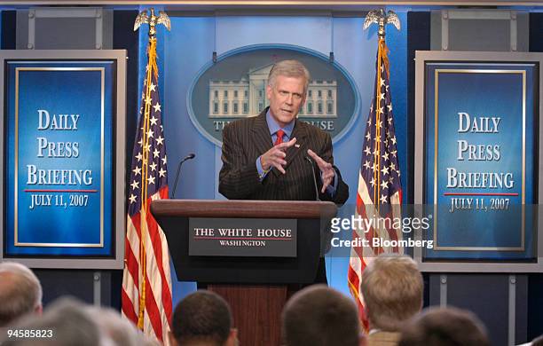 White House Press Secretary Tony Snow takes questions from members of the press at the first press briefing in the remodeled James S. Brady press...