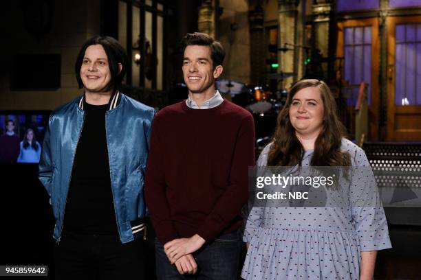Episode 1743 "John Mulaney" -- Pictured: Musical Guest Jack White, Host John Mulaney, Aidy Bryant during a promo in 30 Rockefeller Plaza --