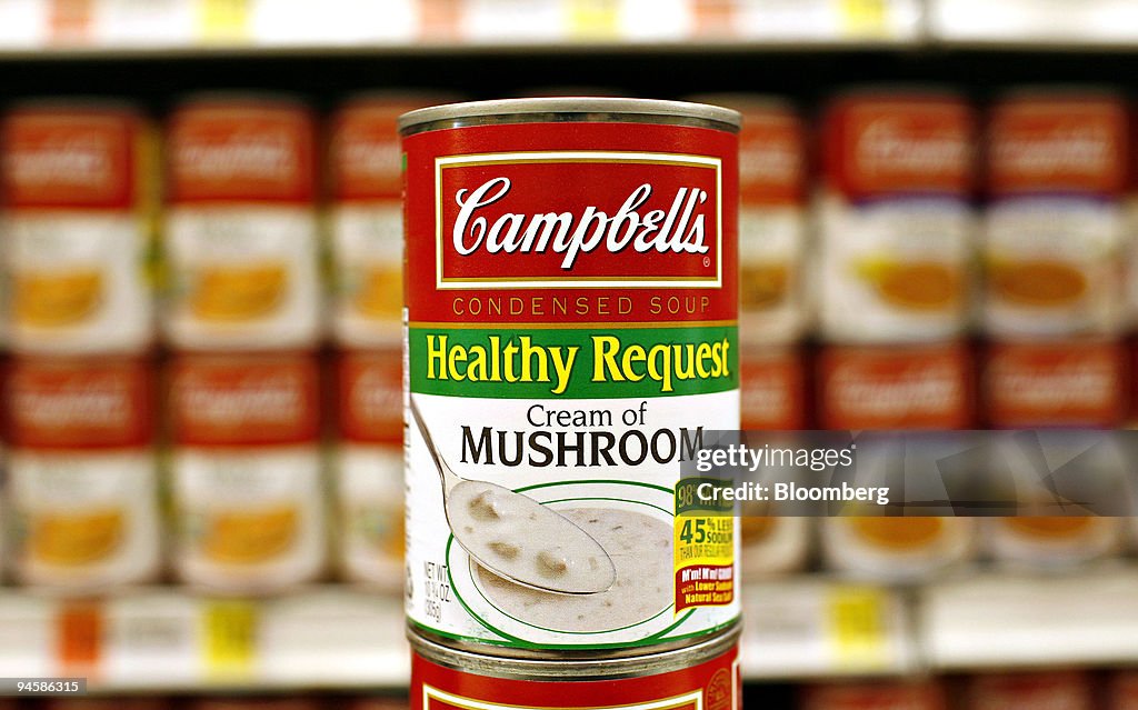 A can of Campbell's Healthy Request Cream of Mushroom soup i