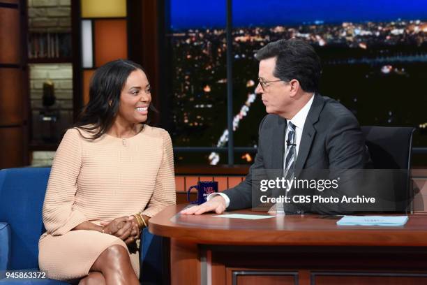 The Late Show with Stephen Colbert and guest Aisha Tyler during Wednesday's April 11, 2018 show.