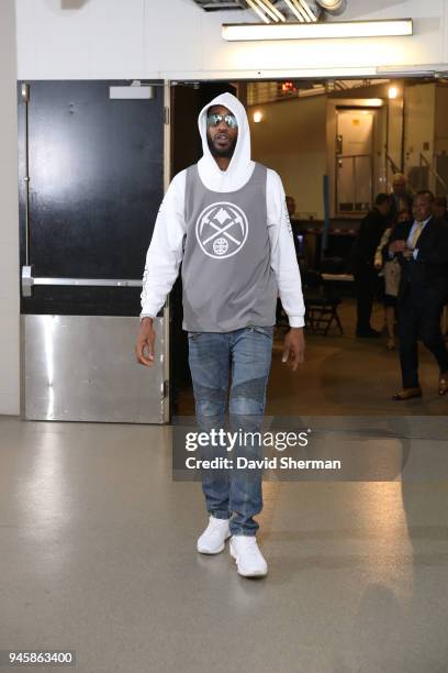 Will Barton of the Denver Nuggets arrives before the game against the Minnesota Timberwolves on April 11, 2018 at Target Center in Minneapolis,...