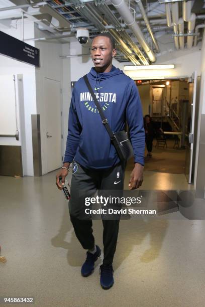 Gorgui Dieng of the Minnesota Timberwolves arrives before the game against the Denver Nuggets on April 11, 2018 at Target Center in Minneapolis,...