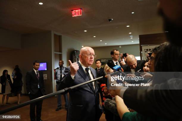 Russia's United Nations Ambassador Vassily Nebenzia speaks to the media after telling the U.N. Security Council in an emergency meeting that the...