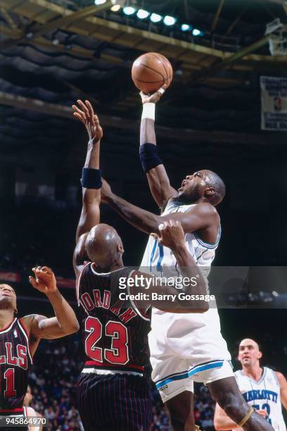 Michael Jordan of the Chicago Bulls defends Glen Rice of the Charlotte Hornets during the game on January 4, 1996 at the Charlotte Coliseum in...