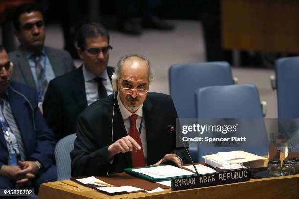 Bashar Ja'afari, Permanent Representative of the Syrian Arab Republic to the United Nations, speaks during a Security Council emergency meeting on...