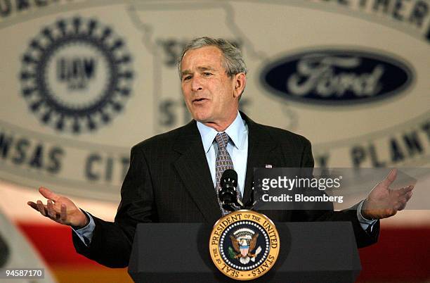 President George W. Bush speaks at Ford Motor Company's Kansas City Assebly Plant on Tuesday, March 20 in Claycomo, Missouri. The plant produces the...