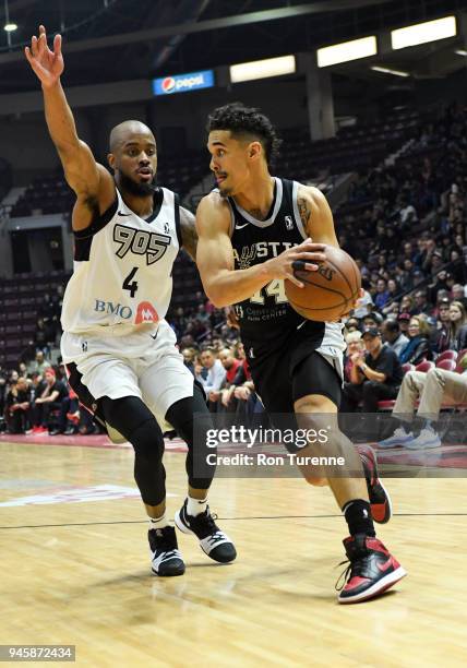 Nick Johnson of the Austin Spurs handles the ball against the Raptors 905 during Game Two of the NBA G-League Finals on April 10, 2018 at the Hershey...