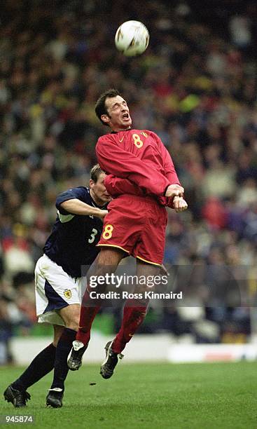 Bart Goor of Belgium wins the header during the World Cup 2002 Group Six Qualifying match against Scotland played at Hampden Park, in Glasgow,...