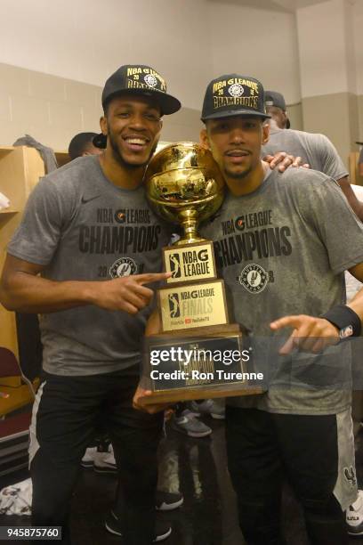 Jaron Blossomgame and Olivier Hanlan of the Austin Spurs pose for a photo after the Austin Spurs defeat the Raptors 905 and win the NBA G-League...