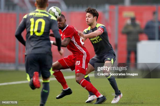 Achille Vaarnold of Almere City, Bram van Vlerken of PSV U23 during the Dutch Jupiler League match between Almere City v PSV U23 at the Yanmar...