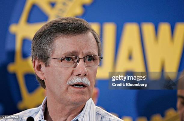 Ron Gettelfinger, president of the United Auto Workers, answers a question during a news conference at the UAW's Solidarity House in Detroit,...