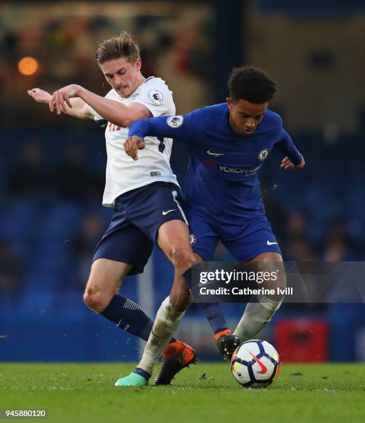 Joe Pritchard of Tottenham Hotspur battles with Jacob Maddox of Chelsea during the Premier League 2 match between Chelsea and Tottenham Hotspur at...