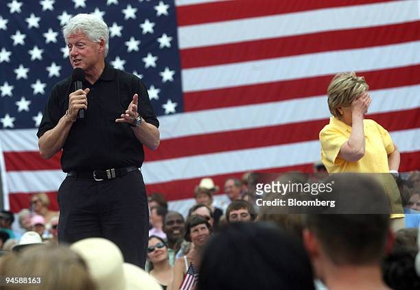 Former President Bill Clinton makes a joke while introducing his wife, Democratic presidential hopeful Senator Hillary Clinton, of New York, during a...