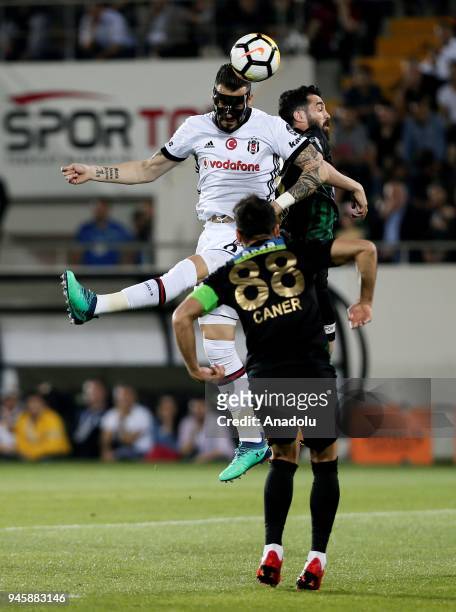 Alvaro Negredo of Besiktas in action against Abdou Sissoko of Teleset Mobilya Akhisarspor during the Turkish Super Lig soccer match between Teleset...