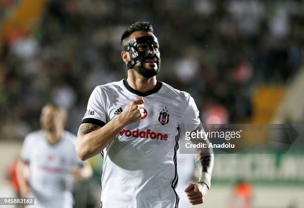 Alvaro Negredo of Besiktas celebrates after scoring a goal during the Turkish Super Lig soccer match between Teleset Mobilya Akhisarspor and Besiktas...
