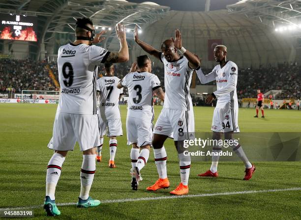 Alvaro Negredo of Besiktas celebrates with his teammates after scoring a goal during the Turkish Super Lig soccer match between Teleset Mobilya...