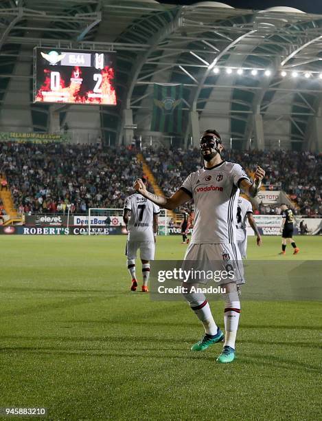 Alvaro Negredo of Besiktas celebrates after scoring a goal during the Turkish Super Lig soccer match between Teleset Mobilya Akhisarspor and Besiktas...